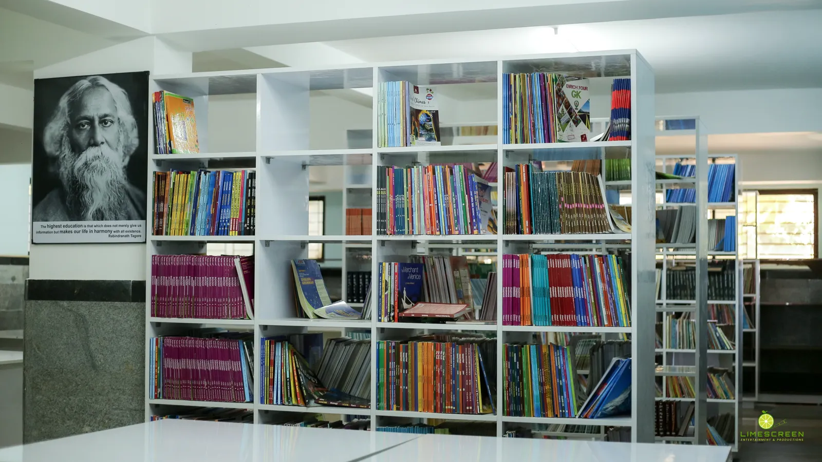 School library shelves stocked with books