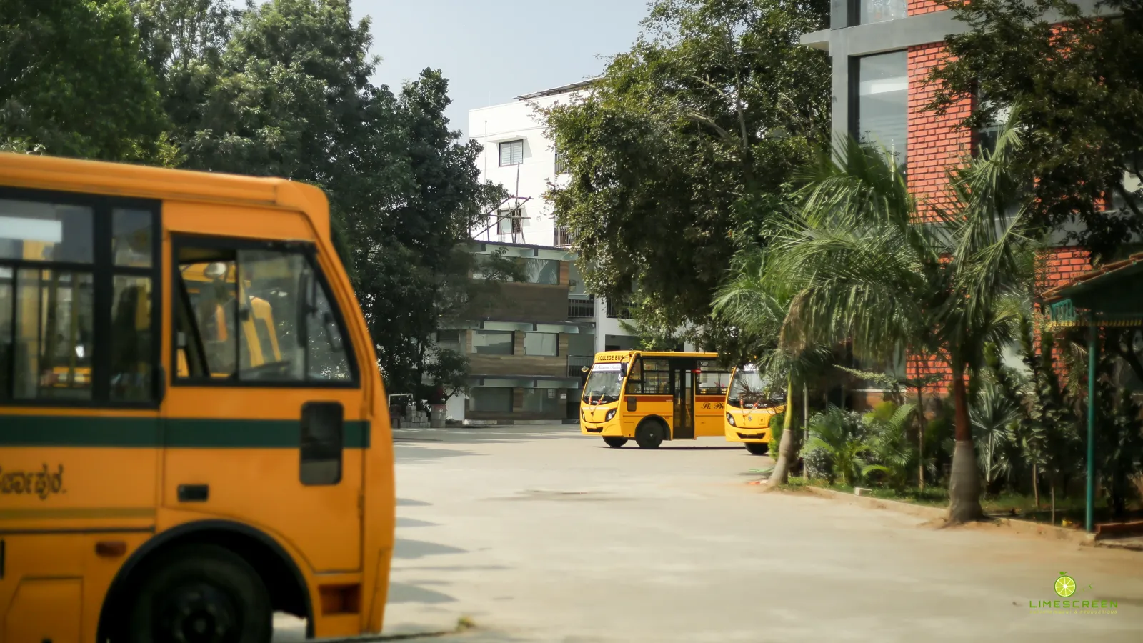 School buses parked on campus